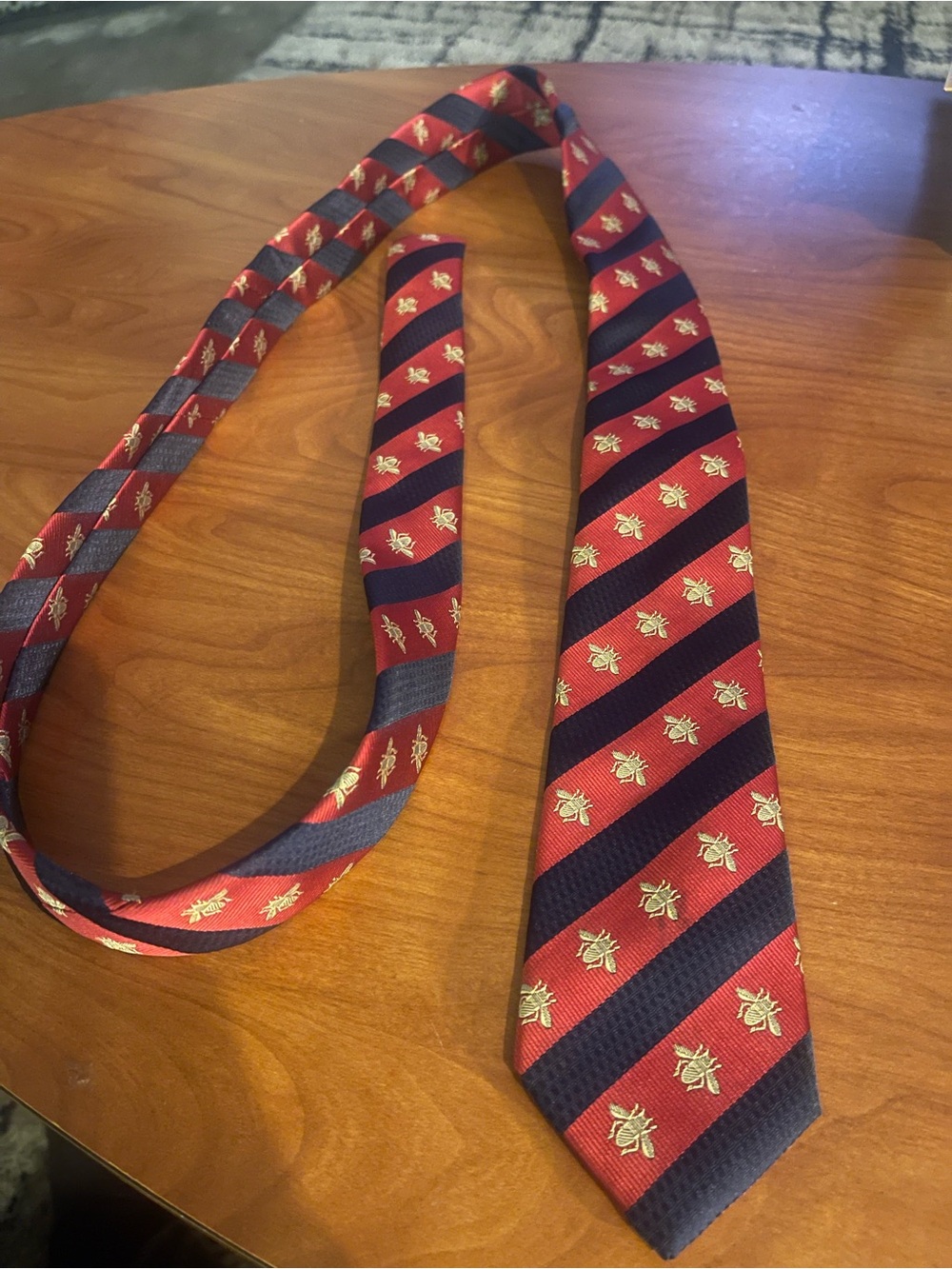 Gucci Red & Navy Striped Tie with Gold Bee Motif